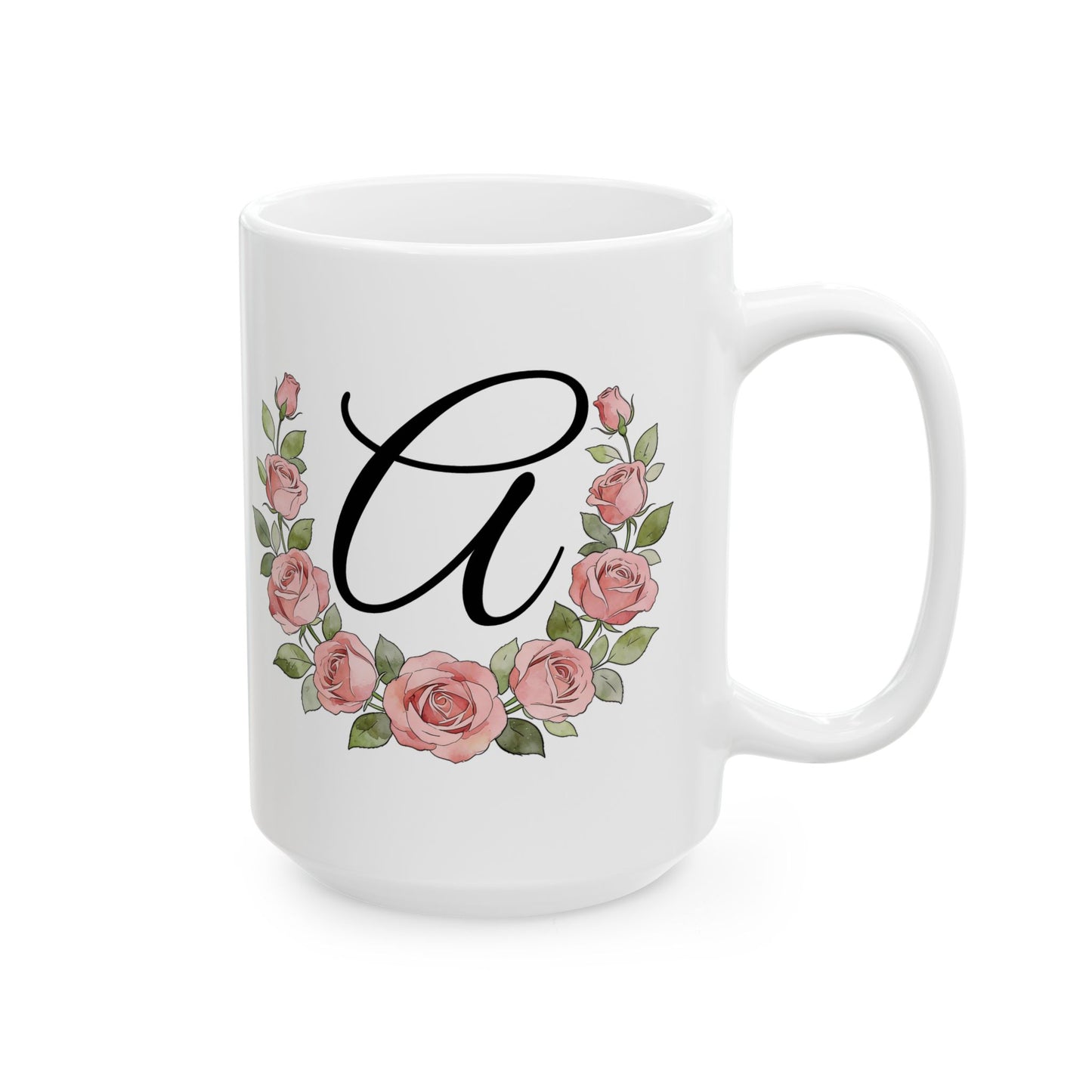 15 oz White mug with floral design and letter 'A' on a white background
