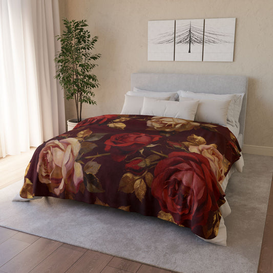 60 inch by 80 inch floral burgundy rose patterned fleece sherpa throw blanket on a bed in a bedroom setting