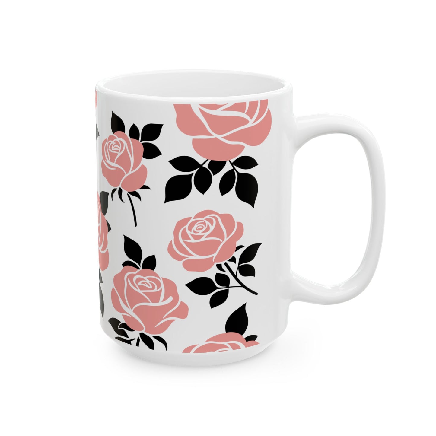 White mug with pink and black floral pattern on a white background