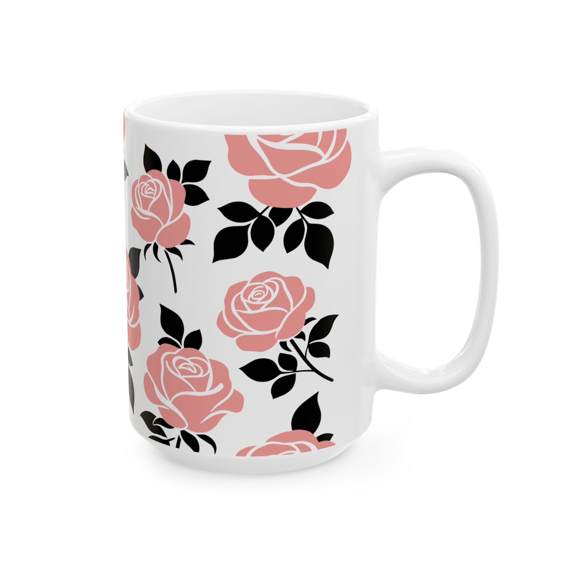 White mug with pink and black floral pattern on a white background