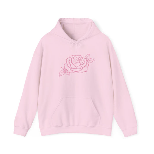 Minimal rose line art hoodie in blush pink, front view, cozy floral sweatshirt for women by RozyCove