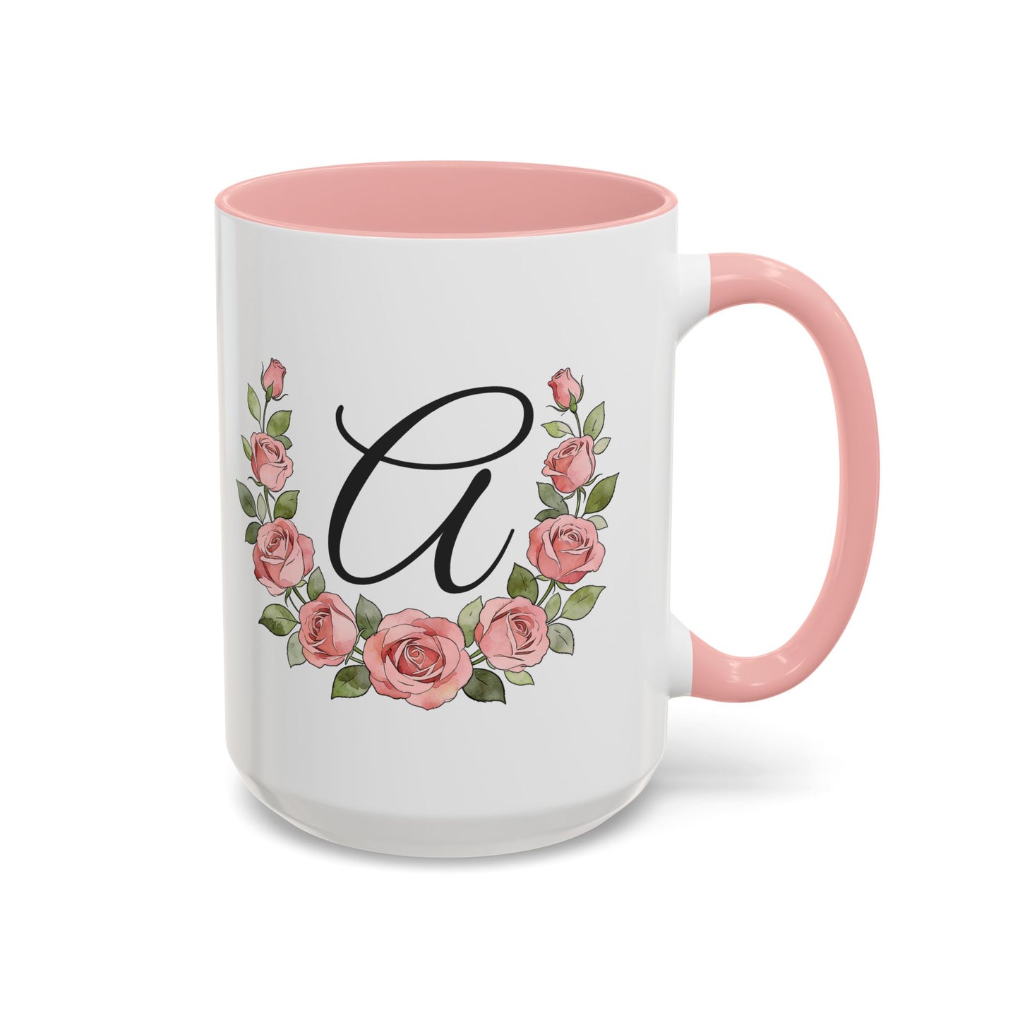 15 oz personalized monogram mug with letter A initial surrounded by pink roses, with pink handle and pink interior design.