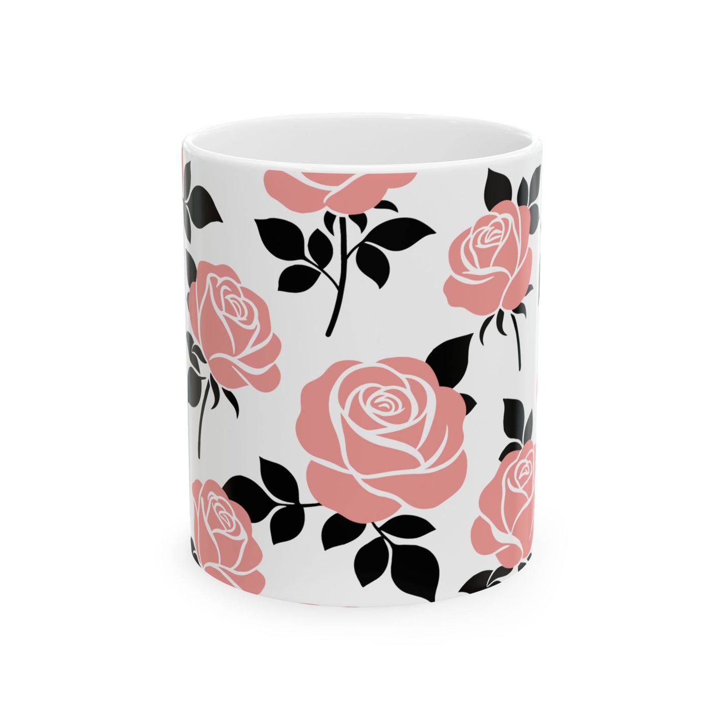 White mug with pink and black floral pattern on a white background