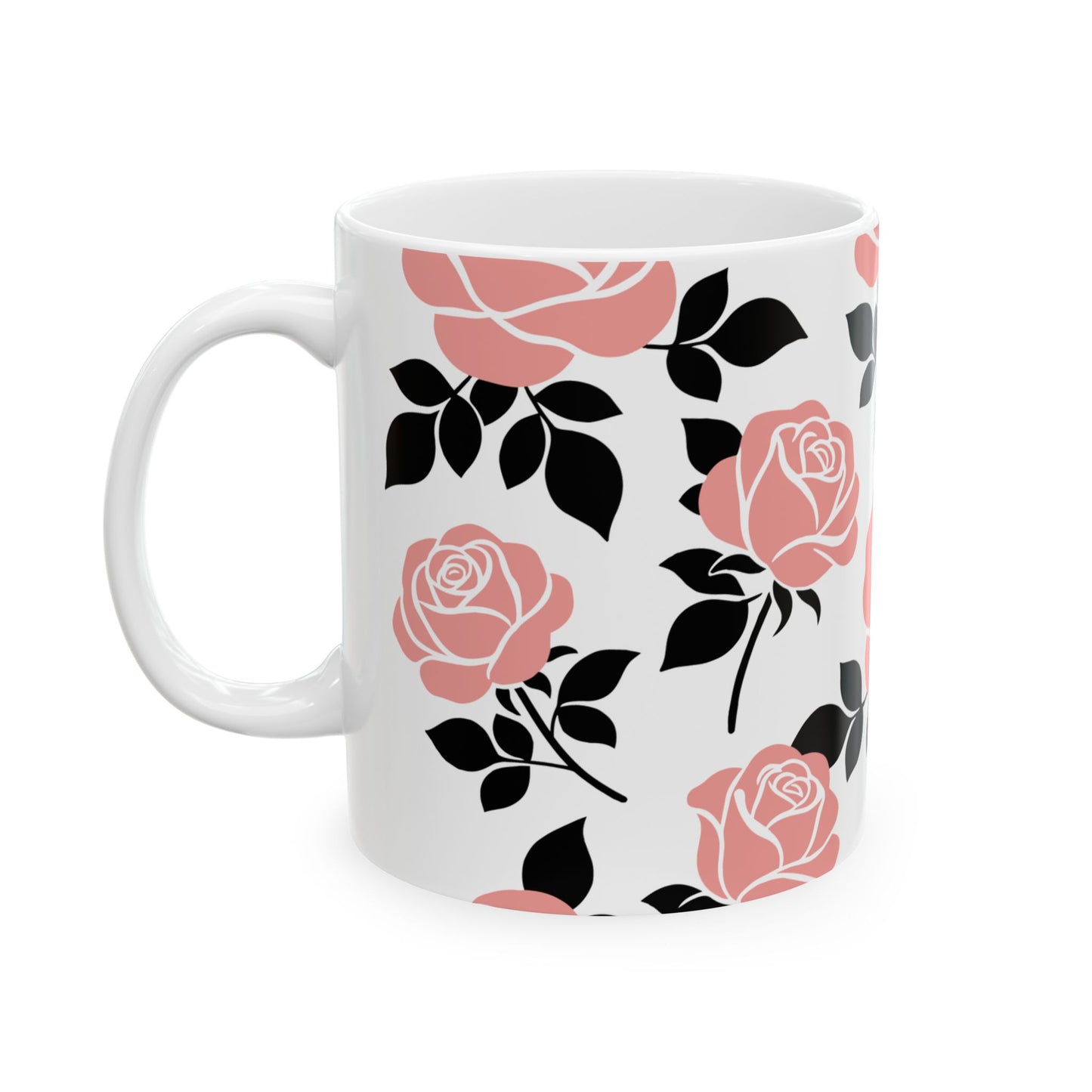 White mug with pink and black floral pattern on a white background