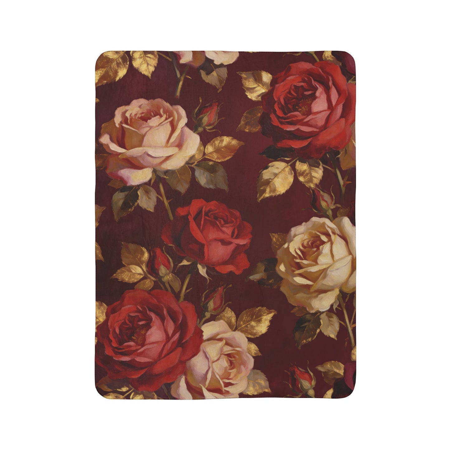 Floral burgundy and beige rose patterned fleece sherpa blanket 