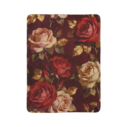 Floral burgundy and beige rose patterned fleece sherpa blanket 