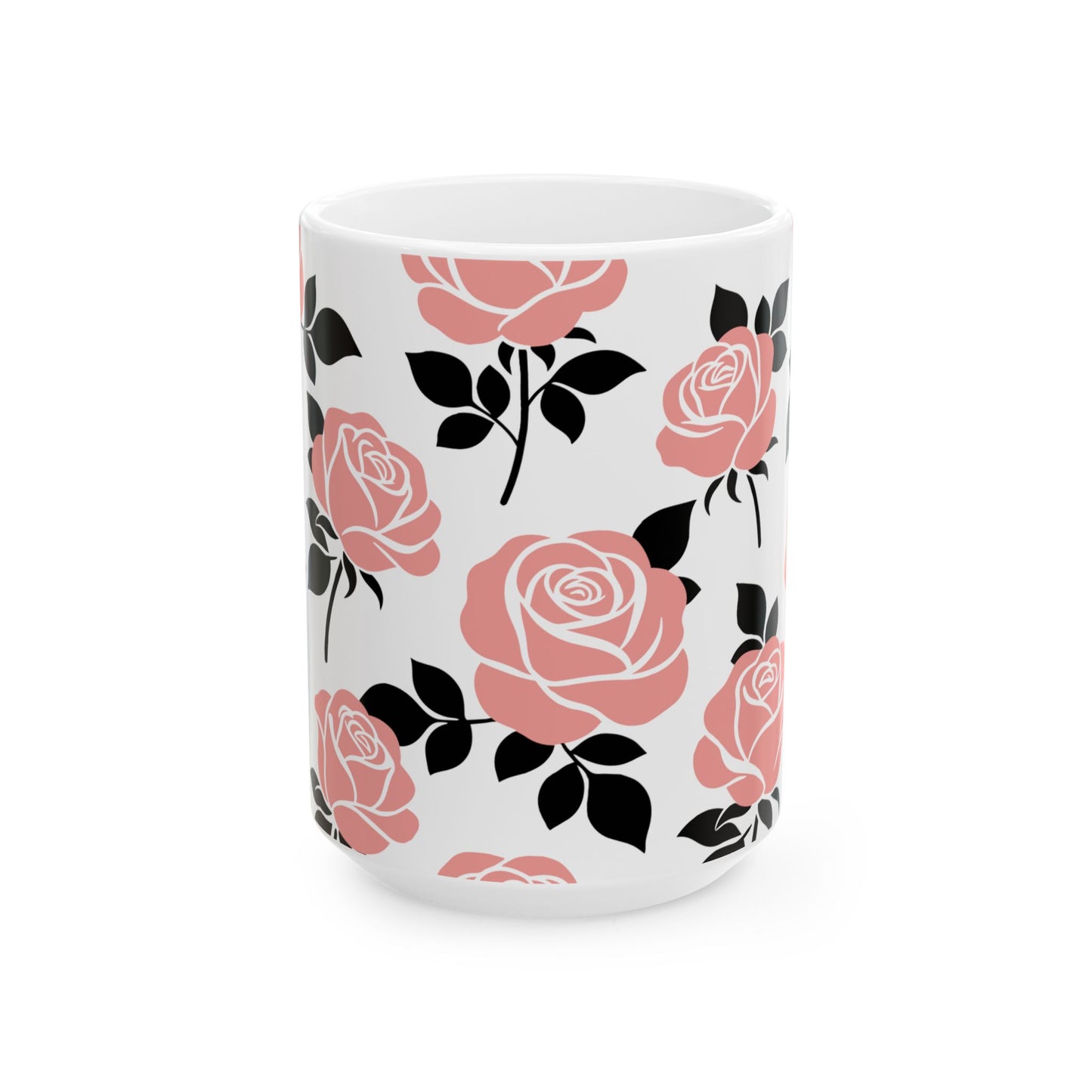 White mug with pink and black floral pattern on a white background