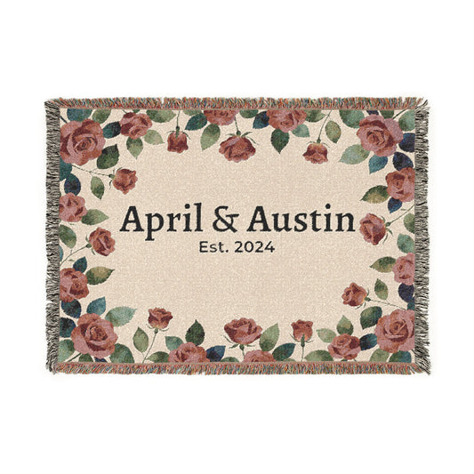 Custom couples blanket featuring personalized names and established date woven into the design.