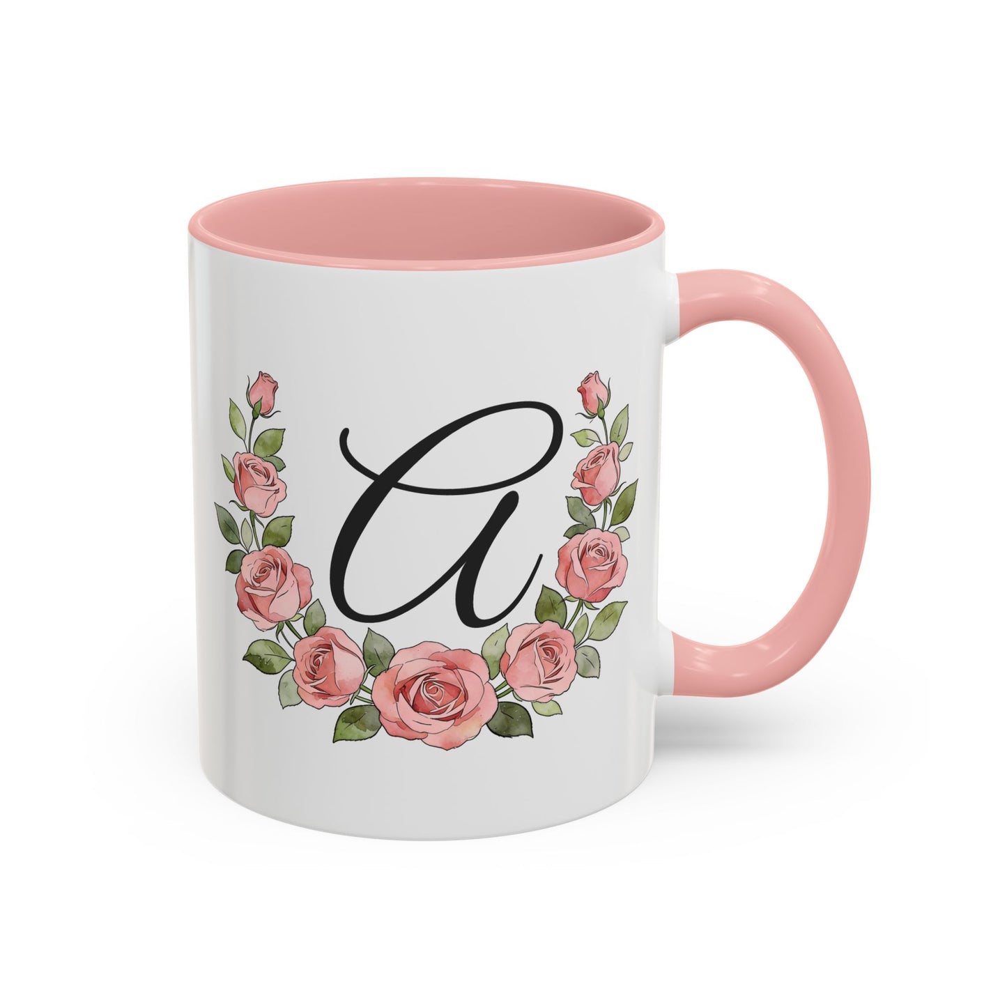 11 oz personalized monogram mug with letter A initial surrounded by pink roses, with pink handle and pink interior design.