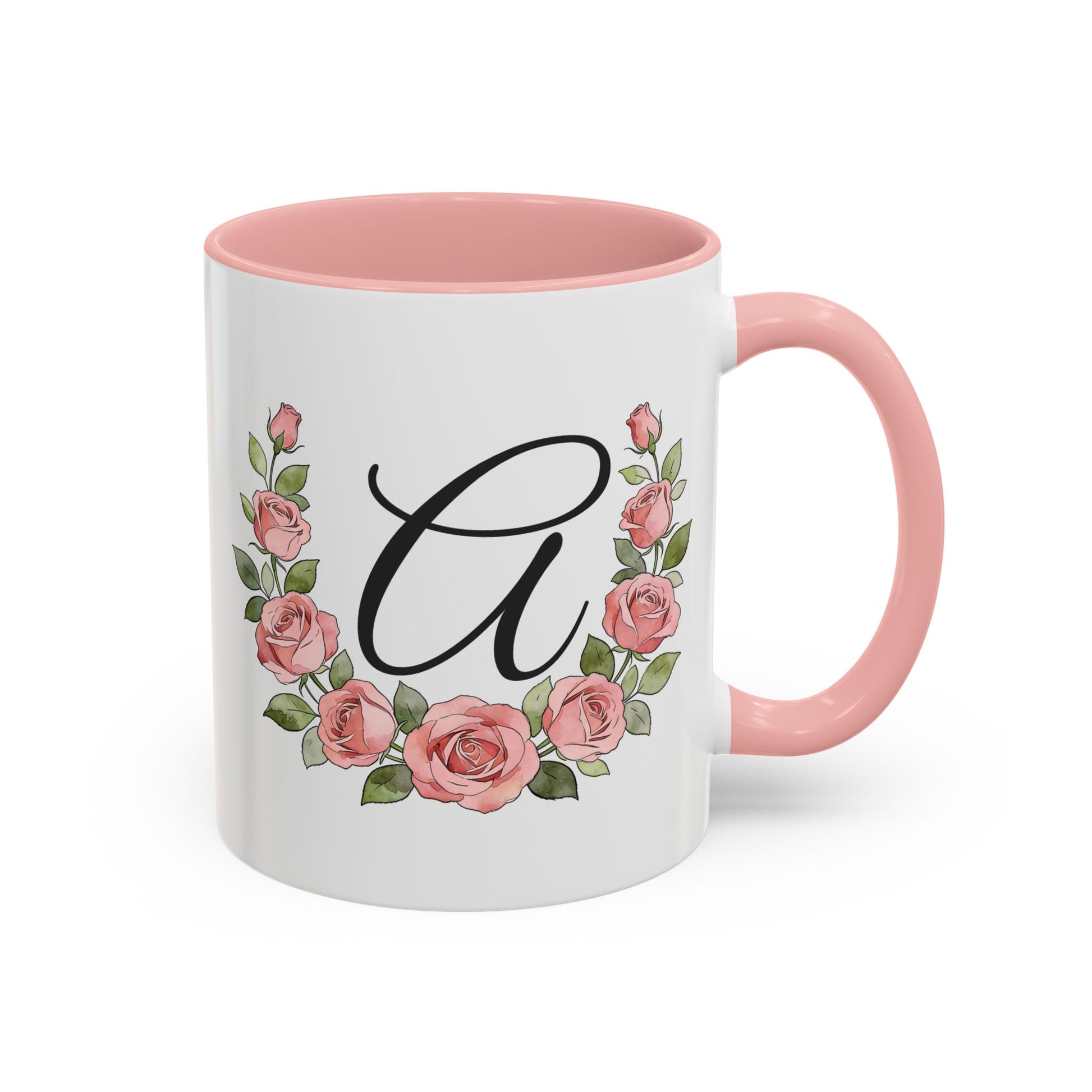 11 oz personalized monogram mug with letter A initial surrounded by pink roses, with pink handle and pink interior design.