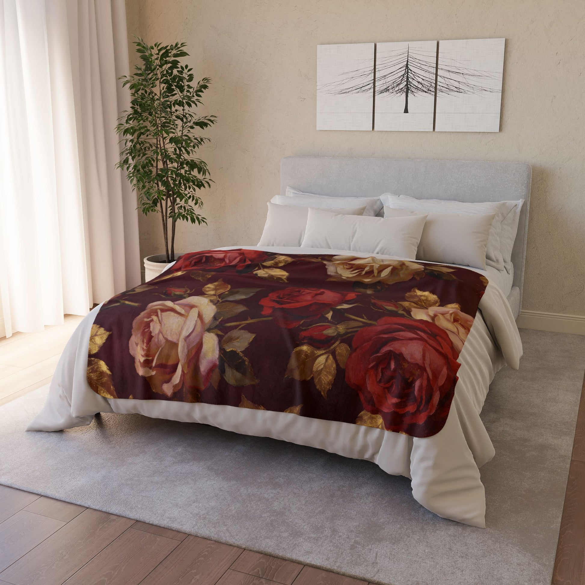 50 inch by 60 inch floral burgundy rose patterned fleece sherpa throw blanket on a bed in a bedroom setting