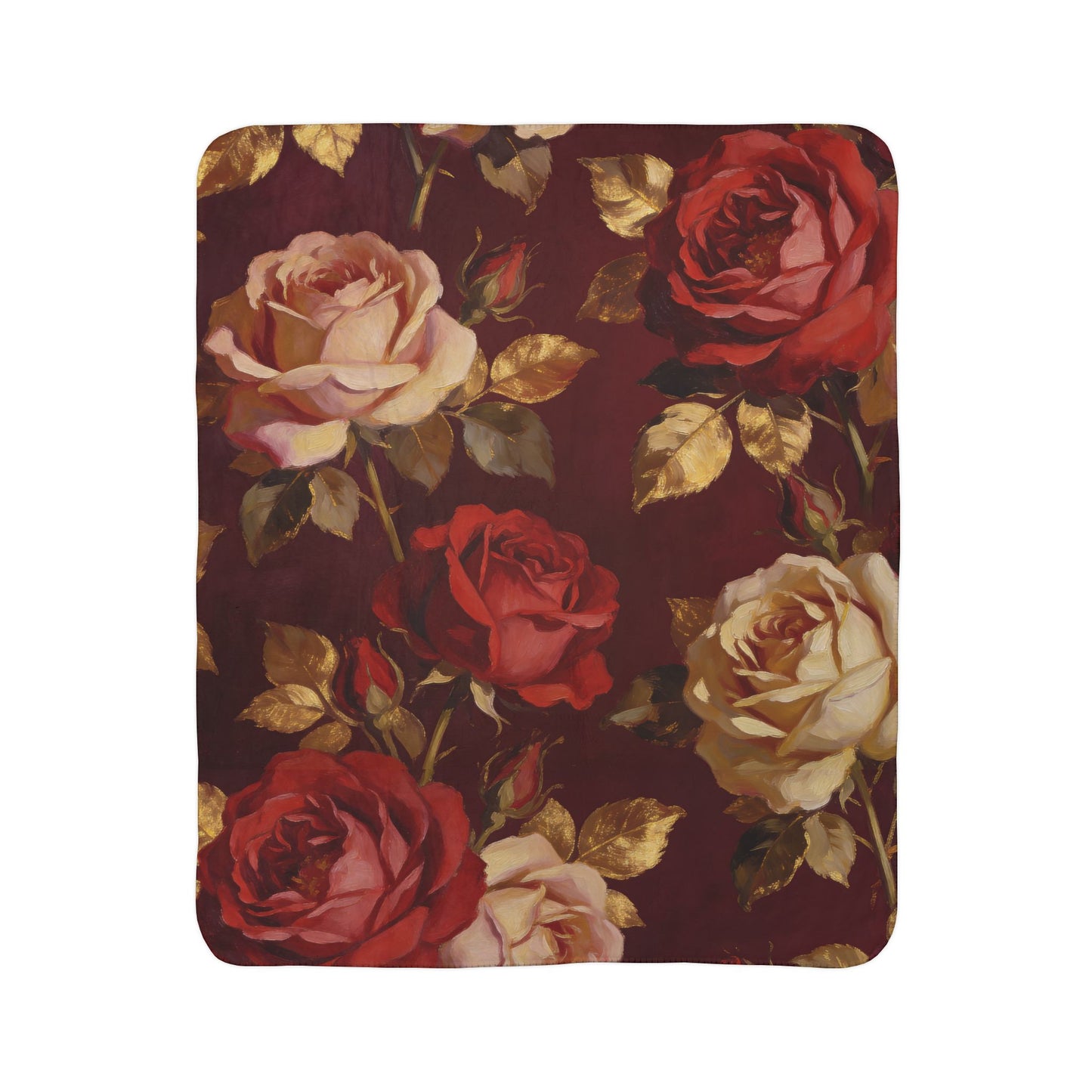 Floral pattern fleece sherpa throw blanket with roses on a red background