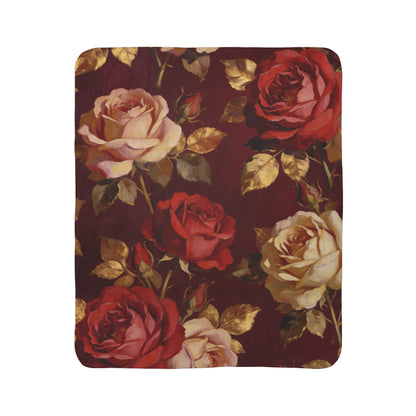 Floral pattern fleece sherpa throw blanket with roses on a red background